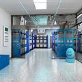 Smart Storage Cabinets In Indoor Warehouse With Blue Shelves And Digital Screens