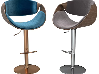 Modern Blue Grey Velvet Wooden Bar Stools with Curved Backrest Armrests 3d model