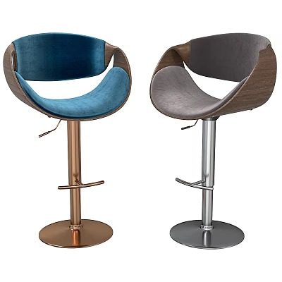Modern Blue Grey Velvet Wooden Bar Stools with Curved Backrest Armrests 3d model