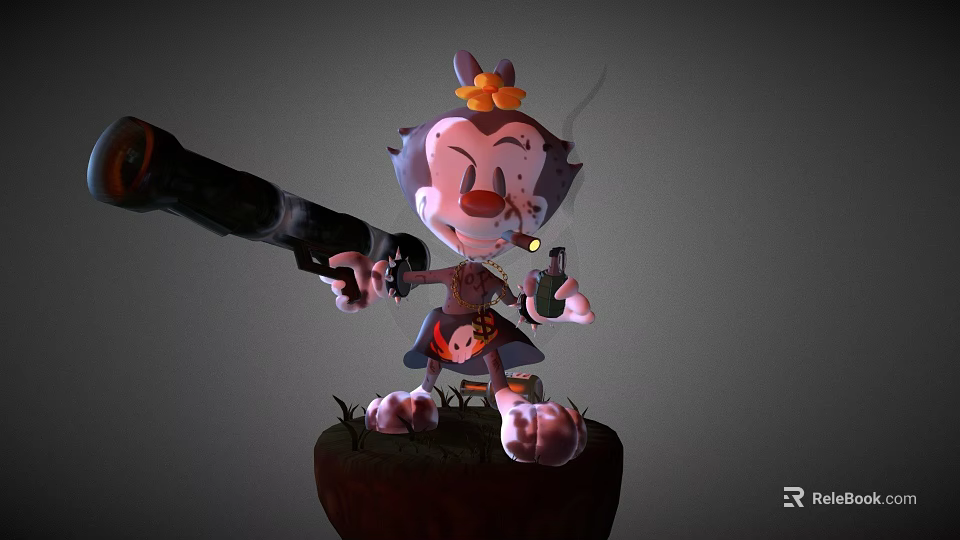 Cartoon Game Character Holding Large Cannon With Floral Headpiece And Outfit Standing On Platform 3d model 