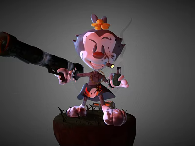 Cartoon Game Character Holding Large Cannon With Floral Headpiece And Outfit Standing On Platform 3d model