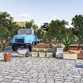Scenic Garden Landscape with Orange Trees Blue Truck Fruit Stalls and Stone Pavement