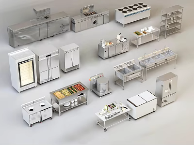 Stainless Steel Kitchen Equipment Collection With Cabinets Worktables Refrigerators Ovens Sinks And Appliances 3d model