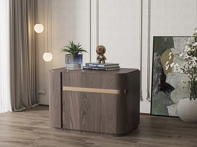 Modern Wooden Bedside Table With Potted Plant Statue And Books Near Curtains And Wall Painting 3d model
