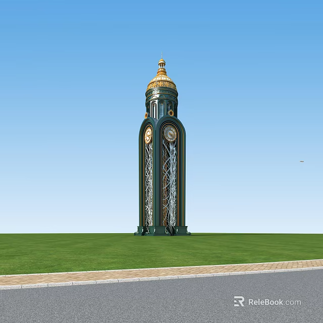 Ornate Clock Tower With Golden Dome And Clocks On Green Lawn Under Blue Sky 3d model 