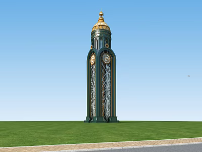 Ornate Clock Tower With Golden Dome And Clocks On Green Lawn Under Blue Sky 3d model