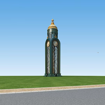 Ornate Clock Tower With Golden Dome And Clocks On Green Lawn Under Blue Sky 3d model