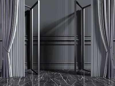 Modern Tech Exhibition Hall With Glass Doors Marble Flooring Gray Walls And Curtains 3d model