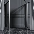 Modern Tech Exhibition Hall With Glass Doors Marble Flooring Gray Walls And Curtains