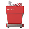 Professional Red Coffee Machine Kitchen Appliance With Stacked Striped Cups And White Cup