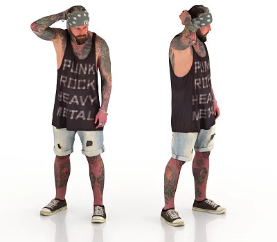 Punk Rock Heavy Metal Tattooed Man With Bandana And Distressed Shorts 3d model