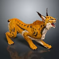 Orange Spotted Lynx with Long Tufted Ears Roaring in Crouching Stance on Gray Background