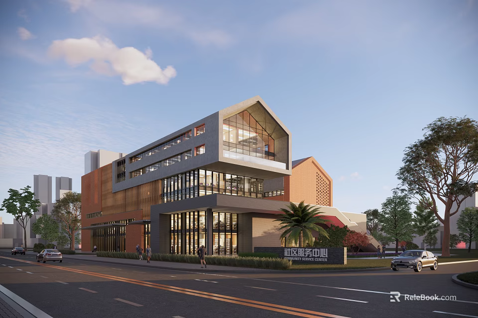 Modern School Building Exterior With Glass Windows Brick Red Accents And Landscaped Area 3d model 