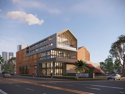 Modern School Building Exterior With Glass Windows Brick Red Accents And Landscaped Area 3d model
