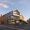 Modern School Building Exterior With Glass Windows Brick Red Accents And Landscaped Area