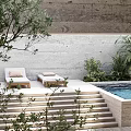 Rockery Stones In Modern Courtyard With Wooden Walkway Steps Greenery And Swimming Pool