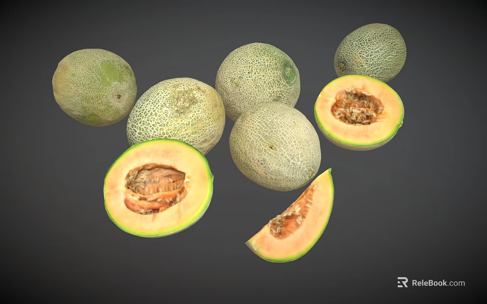 Fresh Ripe Cantaloupe Melons Whole And Sliced With Orange Flesh 3d model 