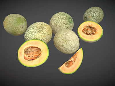Fresh Ripe Cantaloupe Melons Whole And Sliced With Orange Flesh 3d model