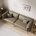 Modern Two Seater Leather Sofa With Decorative Pillows And Wooden Side Table And Wall Art