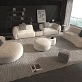 Elegant Sofa Coffee Table Set with White Rounded Sofas Oval Stools and Soft Rug 3d model