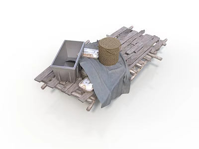 Wooden Pallet Platform With Metal Container Woven Basket Gray Cloth And Small White Items 3d model