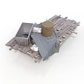 Wooden Pallet Platform With Metal Container Woven Basket Gray Cloth And Small White Items