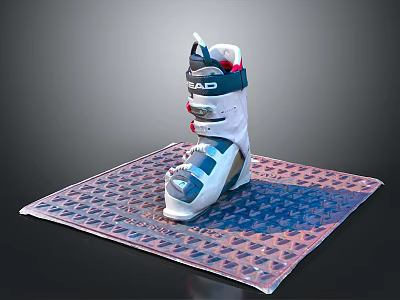 White And Blue Ski Boots With Buckles Placed On Textured Non Slip Mat 3d model
