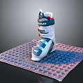 White And Blue Ski Boots With Buckles Placed On Textured Non Slip Mat