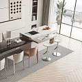 Modern Dining Table Set With Black Countertop Chairs Bar Stools In Open Kitchen White Cabinets 3d model
