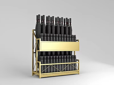 Black Bottles Neatly Arranged On Golden Metal Display Shelf With Multiple Layers 3d model
