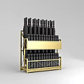 Black Bottles Neatly Arranged On Golden Metal Display Shelf With Multiple Layers