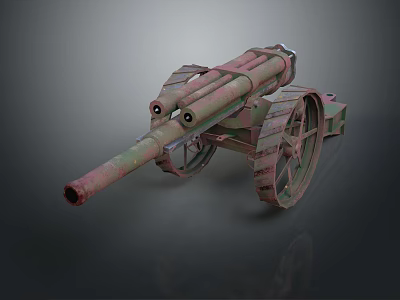 Vintage Rusted Military Old Cannon with Long Barrel and Metal Wheels 3d model