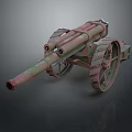 Vintage Rusted Military Old Cannon with Long Barrel and Metal Wheels