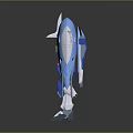 Blue And White Robot Character With Mechanical Wings And Red Spear Weapon