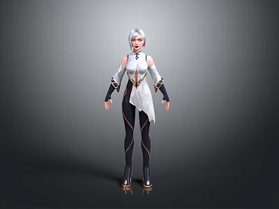 3D Character Model With Silver Hair White Top Black Pants And Decorative Details 3d model