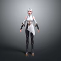 3D Character Model With Silver Hair White Top Black Pants And Decorative Details