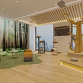 Shopping Mall Store Interior With Forest Mural Green Carpet Orange Seats And Tree Shaped Decor