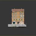 Orange Exterior Three Story Residential Building With Red Roof Green Doors And Multiple Windows