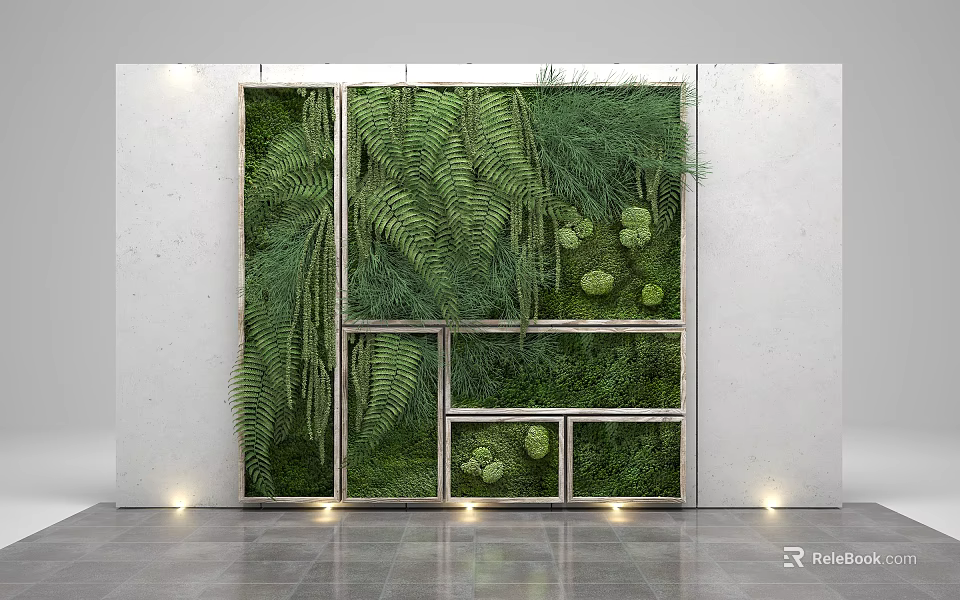 Modern Living Plant Wall Design With Metal Frames Various Green Plants And Bottom Lighting 3d model 