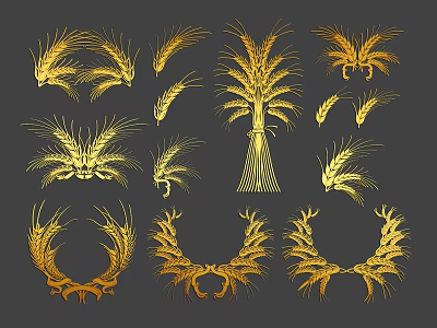 Golden Wheat Decorative Motifs With Various Shapes And Bundled Designs 3d model