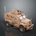 Sand Colored Armored Military Vehicle With Roof Mounted Machine Gun And Antenna