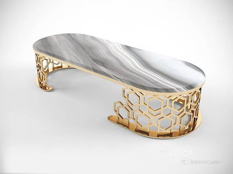 Oval Coffee Table With Gray Veined Marble Tabletop And Golden Honeycomb Cutout Frame 3d model 