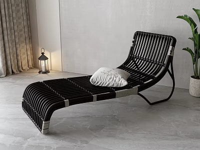 Black Rattan Lounge Chair With White Cushion Gray Wall Floor Lamp And Green Plant 3d model