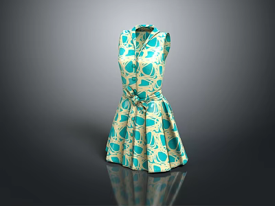 Sleeveless Belted Dress With Light Green Beige And Blue Patterns A Line Skirt 3d model