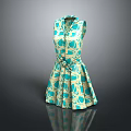 Sleeveless Belted Dress With Light Green Beige And Blue Patterns A Line Skirt