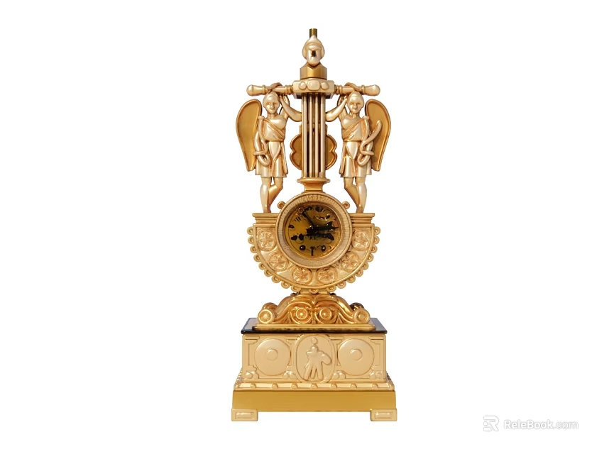 Ornate Classical Gold Clock With Round Dial Winged Angel Figures And Carved Base 3d model 