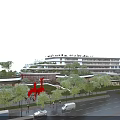 Modern Commercial Complex With Green Roof Surrounding Trees Red Sculpture And Road
