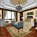 Hotel Guest Room Interior With Elegant Chandelier Decorative Ceiling Bed Windows And Wooden Flooring