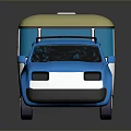 Small Blue Car Towing Yellow Camper Trailer With Windows And Roof