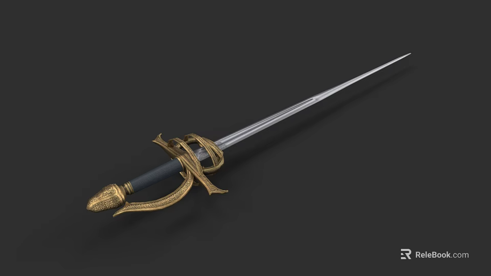Medieval Decorative Sword With Golden Hilt Guard Black Handle And Sharp Blade Design 3d model 